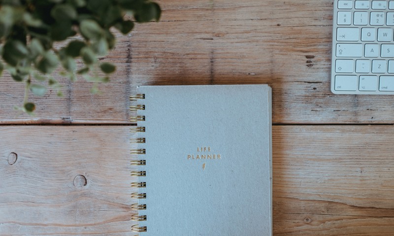 Notesbog på bord med plante og computer Notesbog på bord med plante og computer